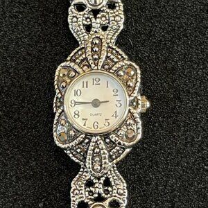 VINTAGE | Silver-tone Bracelet Watch Black Stones Filigree Band-NEW Battery
